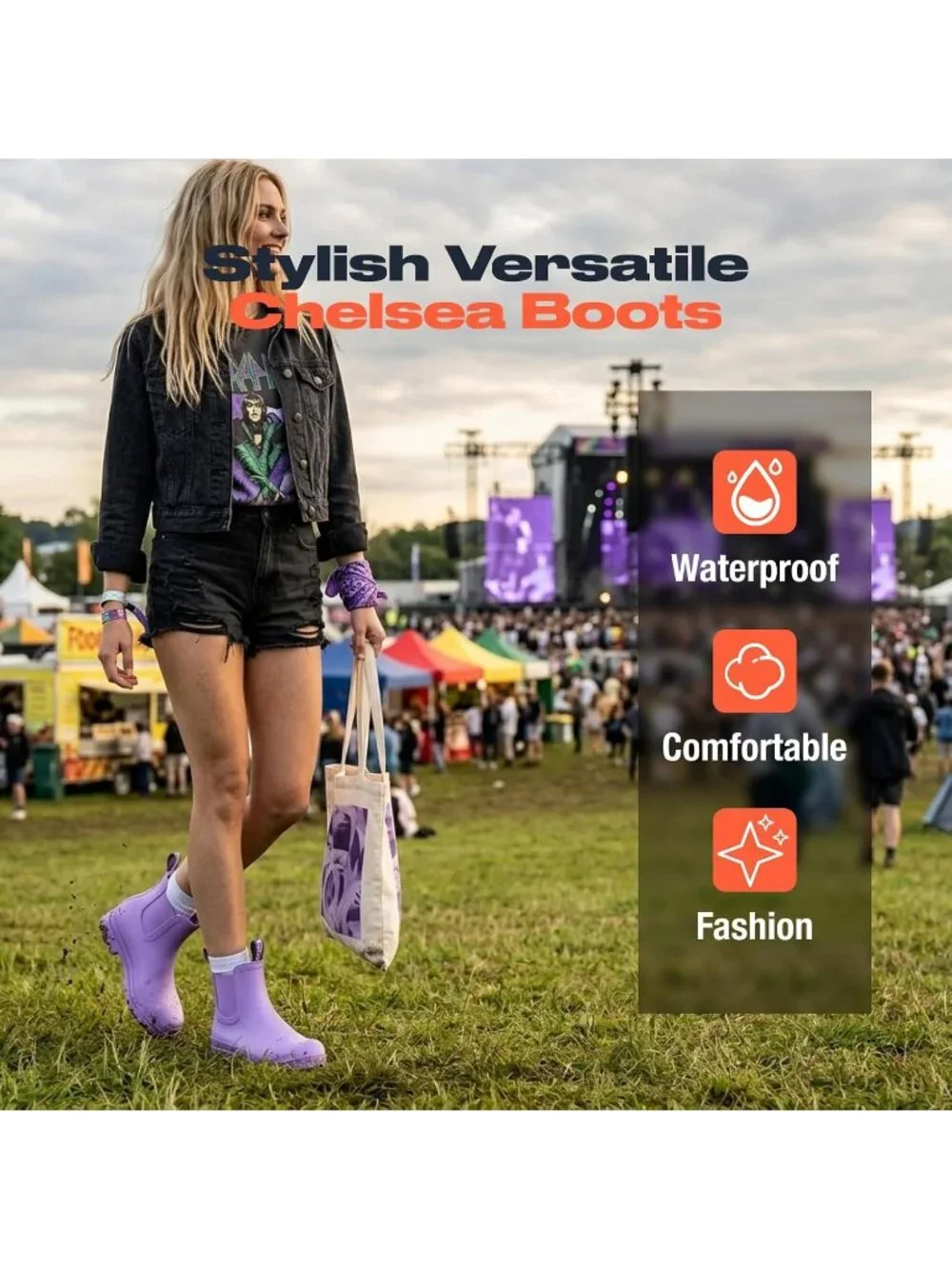 Women's Lavender Short Rain Boots Waterproof Ankle Chelsea Boots Non-Slip Matte